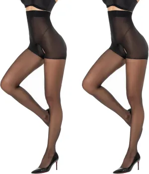 Yilanmy Open Crotch Pantyhose for Women Tummy Control 12D High Waist Sheer Tights Controp Top Pantyhose 2 Pairs