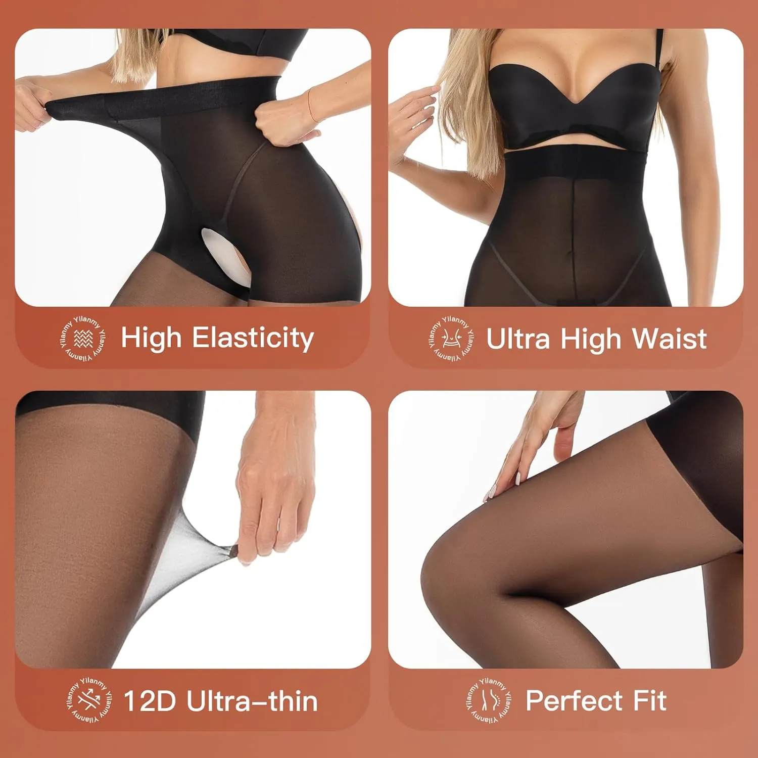 Yilanmy Open Crotch Pantyhose for Women Tummy Control 12D High Waist Sheer Tights Controp Top Pantyhose 2 Pairs