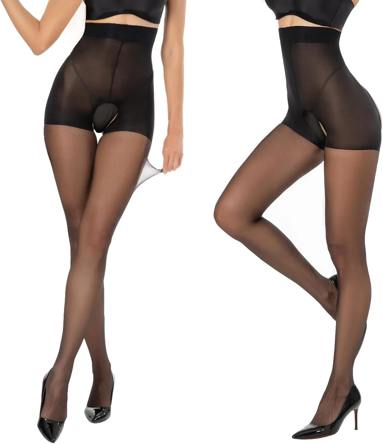 Yilanmy Open Crotch Pantyhose for Women Tummy Control 12D High Waist Sheer Tights Controp Top Pantyhose 2 Pairs