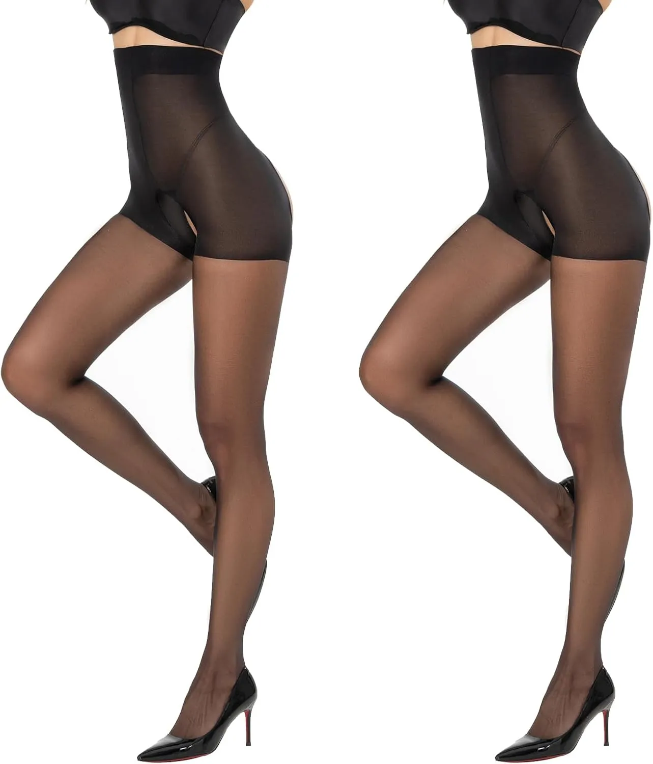 Yilanmy Open Crotch Pantyhose for Women Tummy Control 12D High Waist Sheer Tights Controp Top Pantyhose 2 Pairs