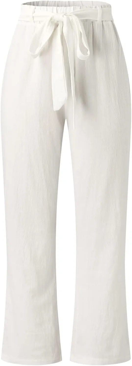 YOLAI Womens Cotton Linen Long Pant Elastic Waist High Waist Casual Trousers Drawstring Straight Leg Pant (White, L)