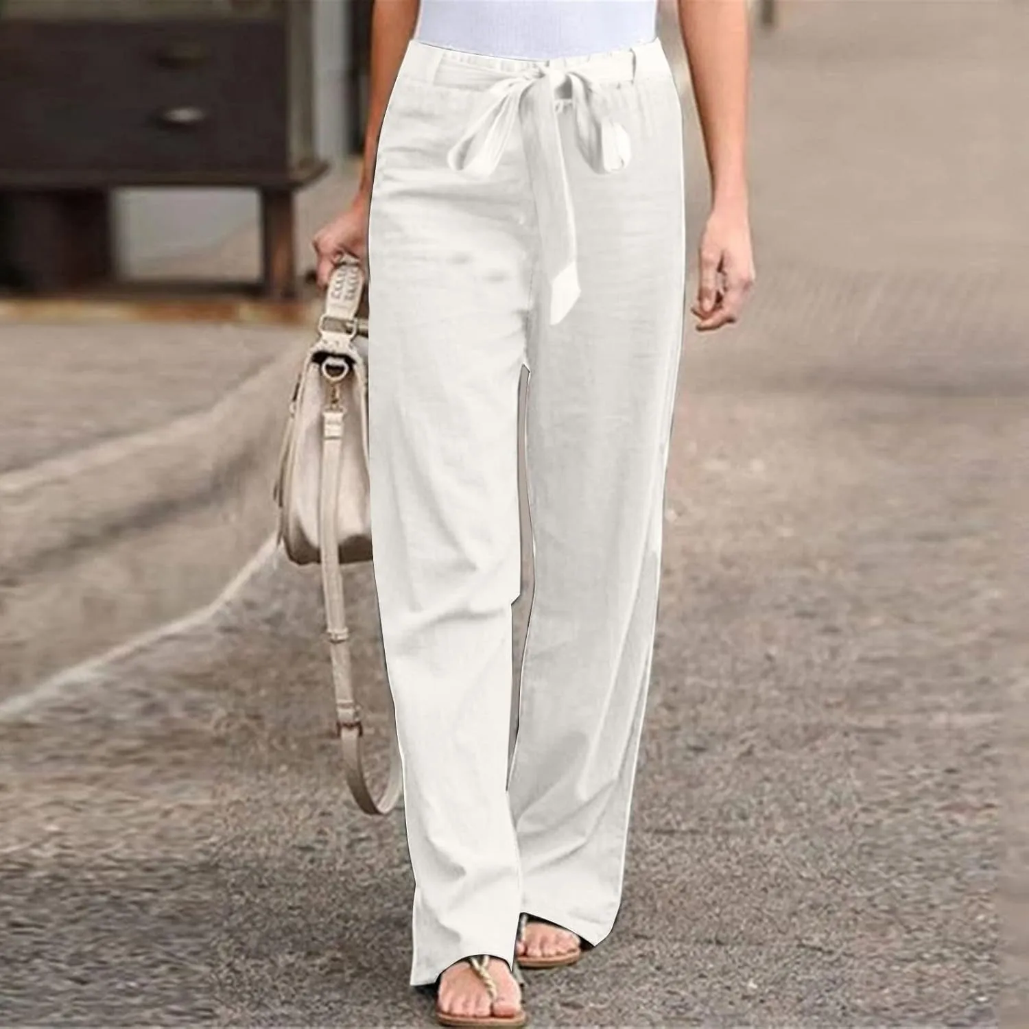 YOLAI Womens Cotton Linen Long Pant Elastic Waist High Waist Casual Trousers Drawstring Straight Leg Pant (White, L)
