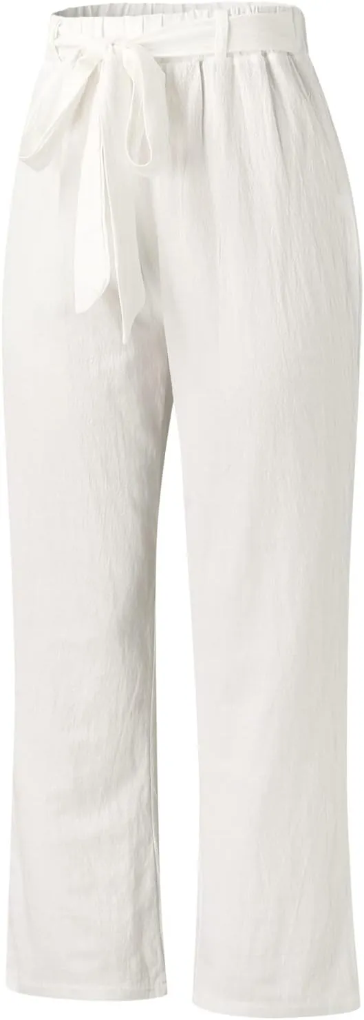 YOLAI Womens Cotton Linen Long Pant Elastic Waist High Waist Casual Trousers Drawstring Straight Leg Pant (White, L)