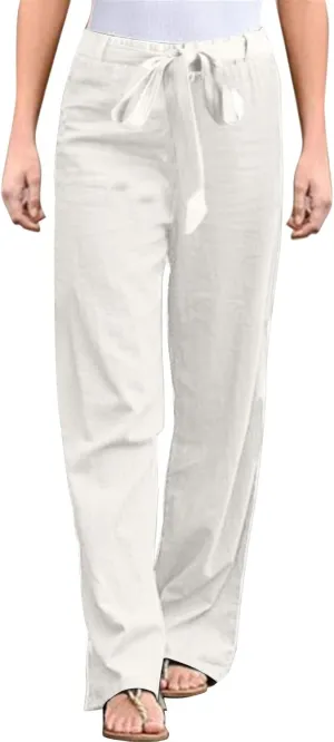YOLAI Womens Cotton Linen Long Pant Elastic Waist High Waist Casual Trousers Drawstring Straight Leg Pant (White, L)