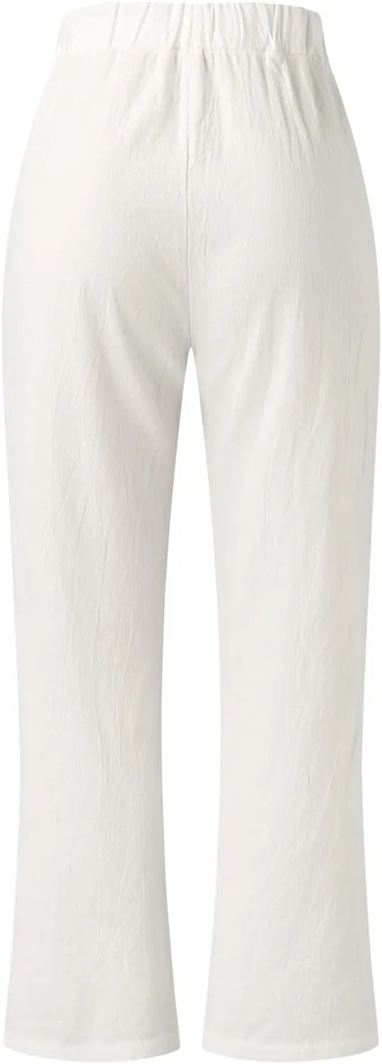 YOLAI Womens Cotton Linen Long Pant Elastic Waist High Waist Casual Trousers Drawstring Straight Leg Pant (White, L)