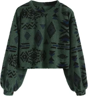 ZAFUL Women's Tribal Ethnic Graphic Cropped Knitwear Bohemian Long Sleeve Pullover Sweater Boho Drop Shoulder Knitted Top