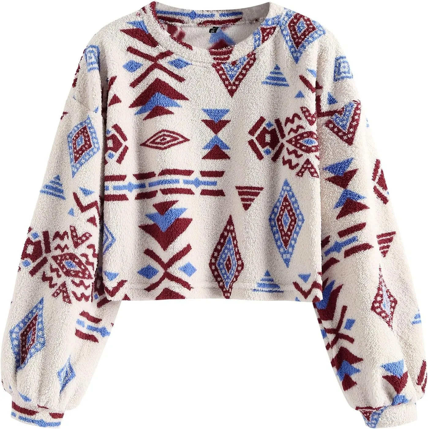 ZAFUL Women's Tribal Ethnic Graphic Cropped Knitwear Bohemian Long Sleeve Pullover Sweater Boho Drop Shoulder Knitted Top