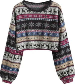 ZAFUL Women's Tribal Ethnic Graphic Cropped Knitwear Bohemian Long Sleeve Pullover Sweater Boho Drop Shoulder Knitted Top