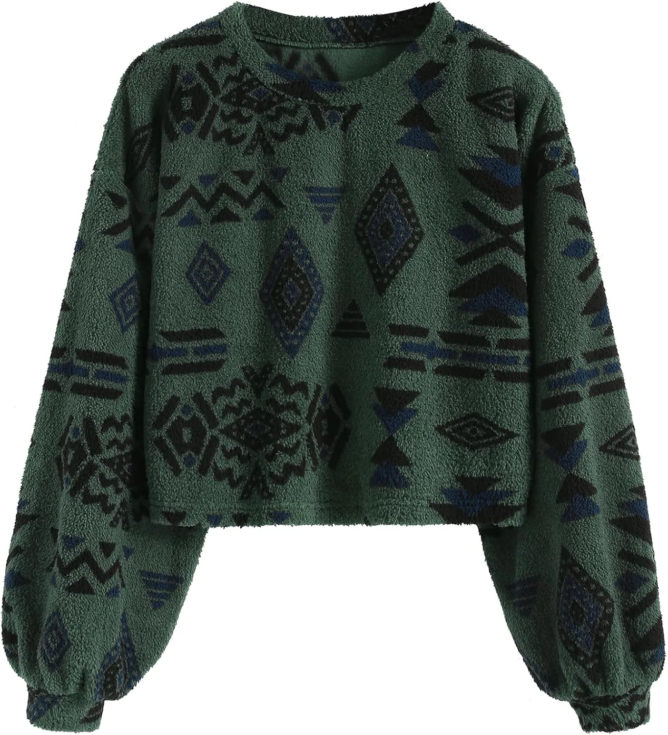 ZAFUL Women's Tribal Ethnic Graphic Cropped Knitwear Bohemian Long Sleeve Pullover Sweater Boho Drop Shoulder Knitted Top