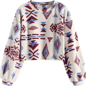 ZAFUL Women's Tribal Ethnic Graphic Cropped Knitwear Bohemian Long Sleeve Pullover Sweater Boho Drop Shoulder Knitted Top