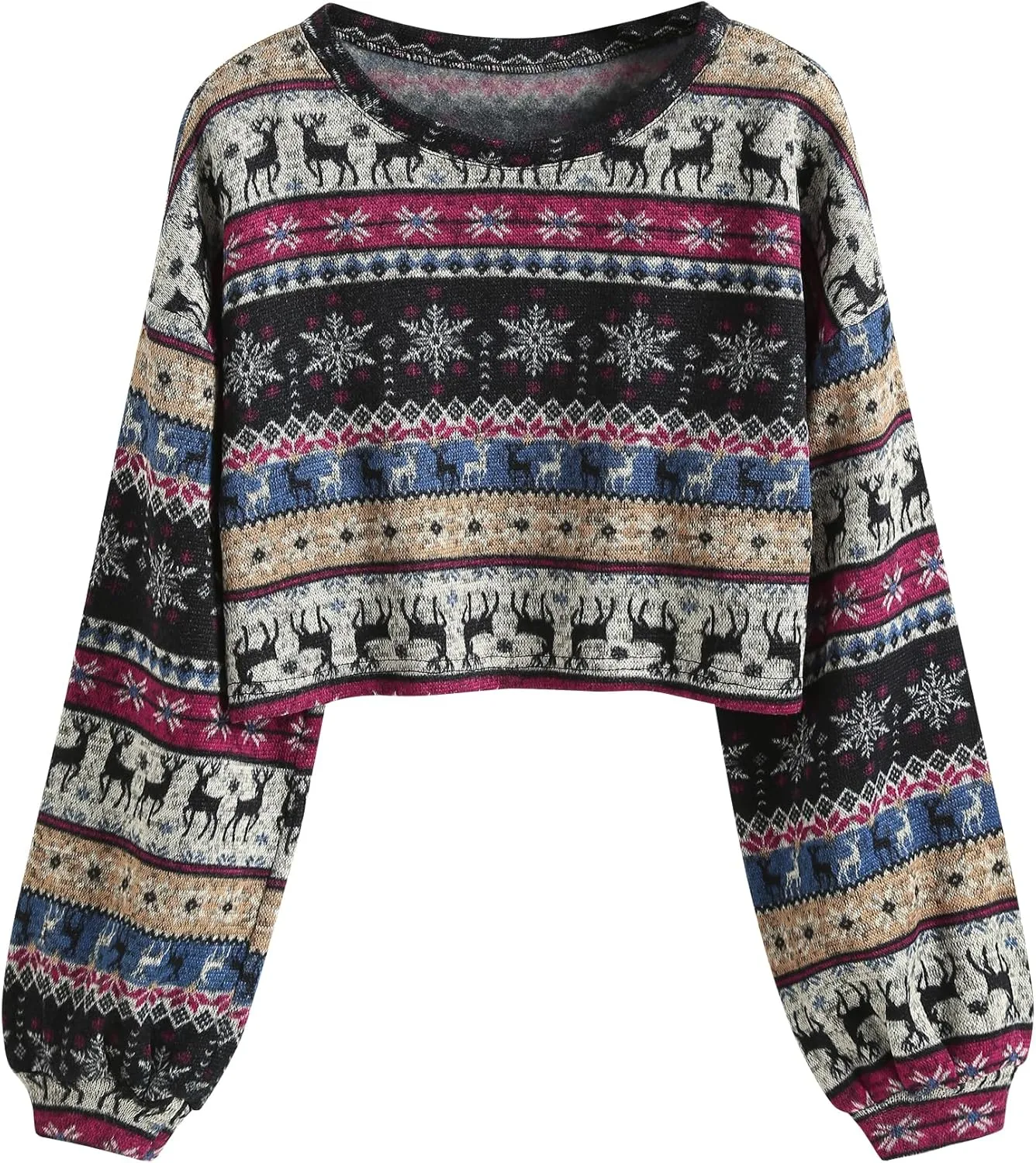 ZAFUL Women's Tribal Ethnic Graphic Cropped Knitwear Bohemian Long Sleeve Pullover Sweater Boho Drop Shoulder Knitted Top