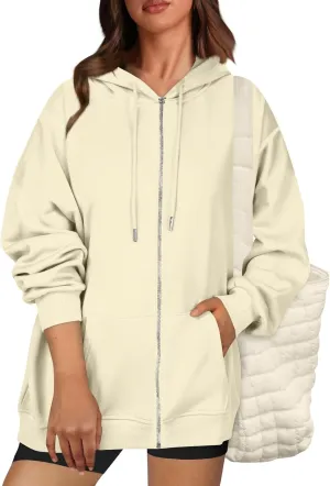 Zip Up Hoodie for Women 2024 Fall Oversized Sweatshirt Cute Long Sleeve Jacket Crewneck Hooded Outerwear with Pocket