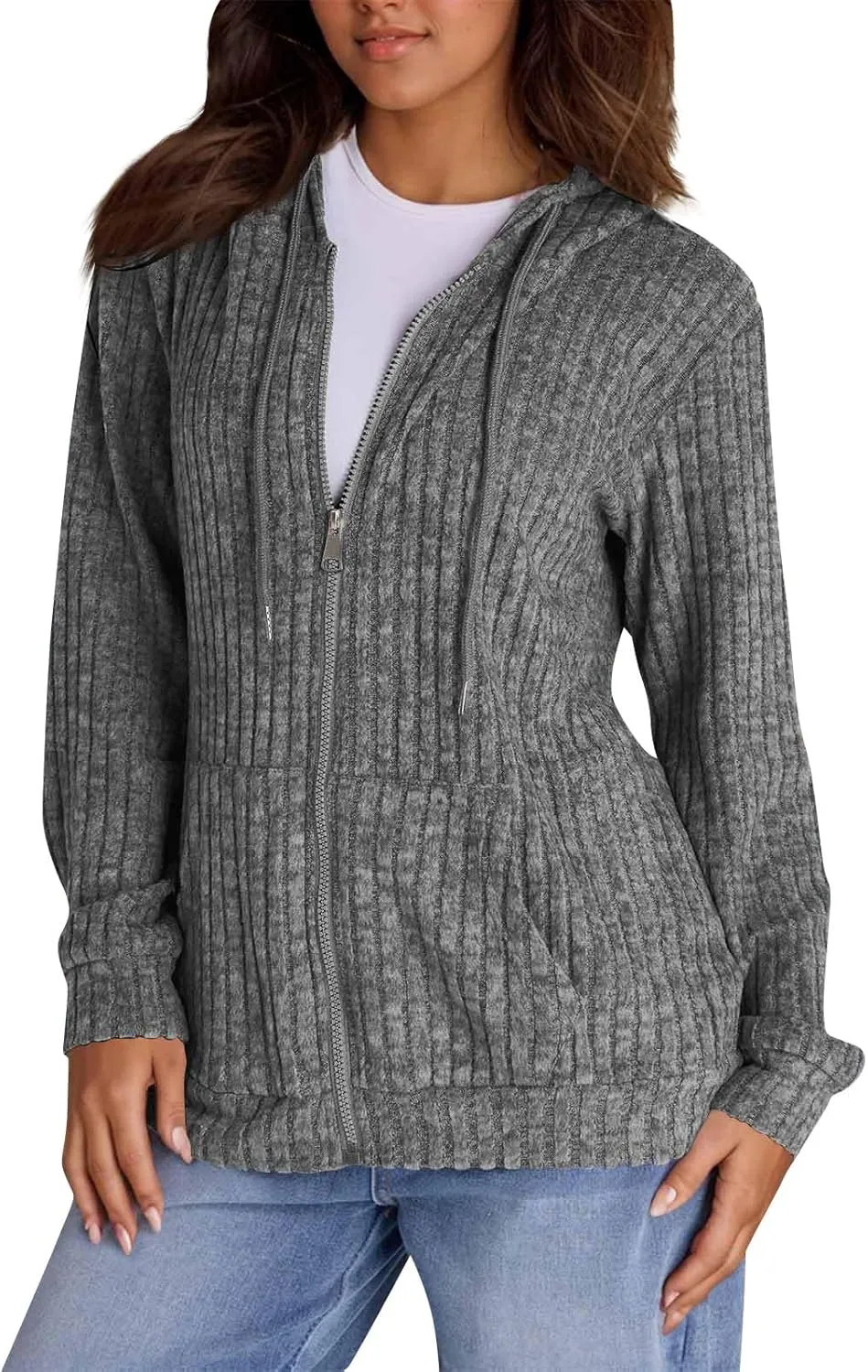 Zip Up Hoodie Women Oversized Sweaters Hoodies Casual Drawstring Lightweight Knit Workout Zip Up Jackets with Pockets