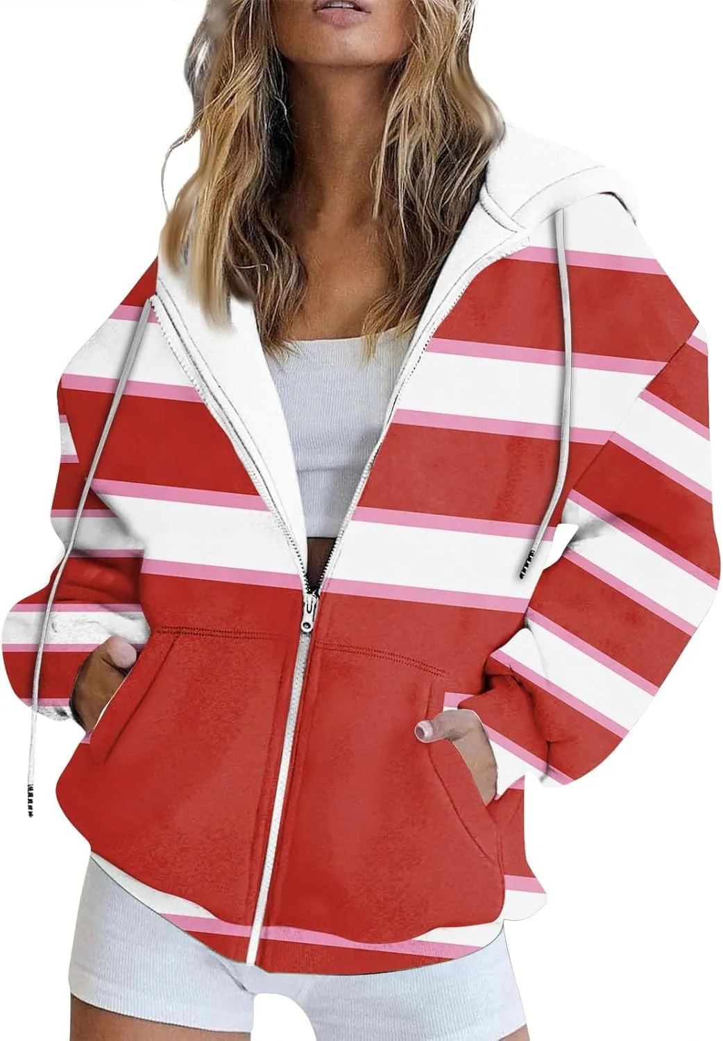 Zip Up Hoodies, Long Sleeve Oversized Full-zip Hoodie Sweatshirts Y2K Jacket Pockets Fall Fashion Clothes