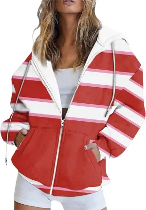 Zip Up Hoodies, Long Sleeve Oversized Full-zip Hoodie Sweatshirts Y2K Jacket Pockets Fall Fashion Clothes