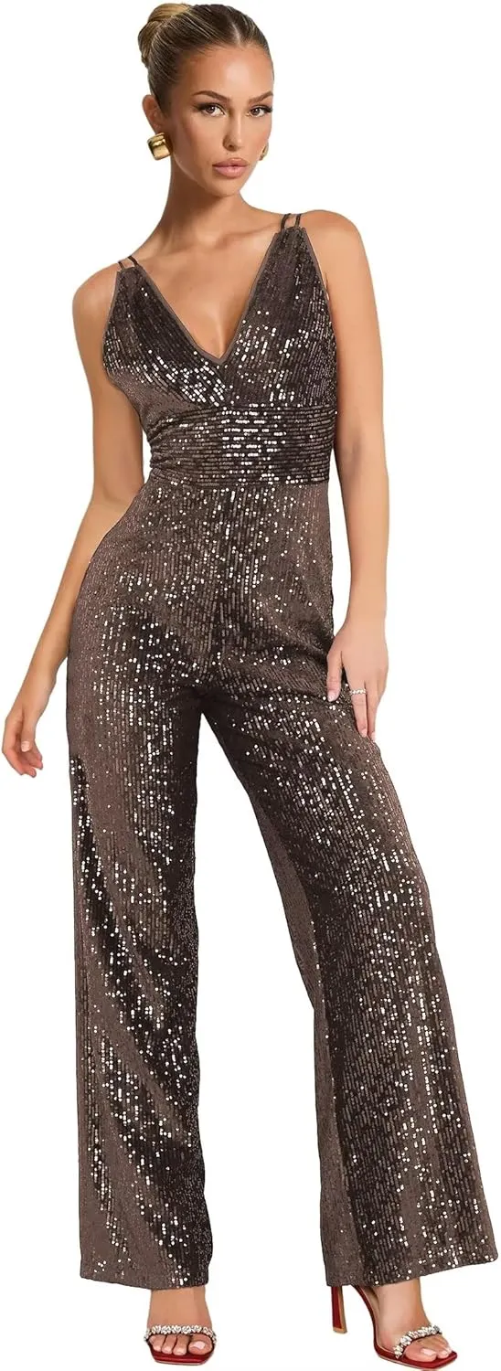 Zoghoo Sequin Formal Jumpsuits for Women Sparkly Prom Dresses Long Wide Leg Pants V Neck Rompers